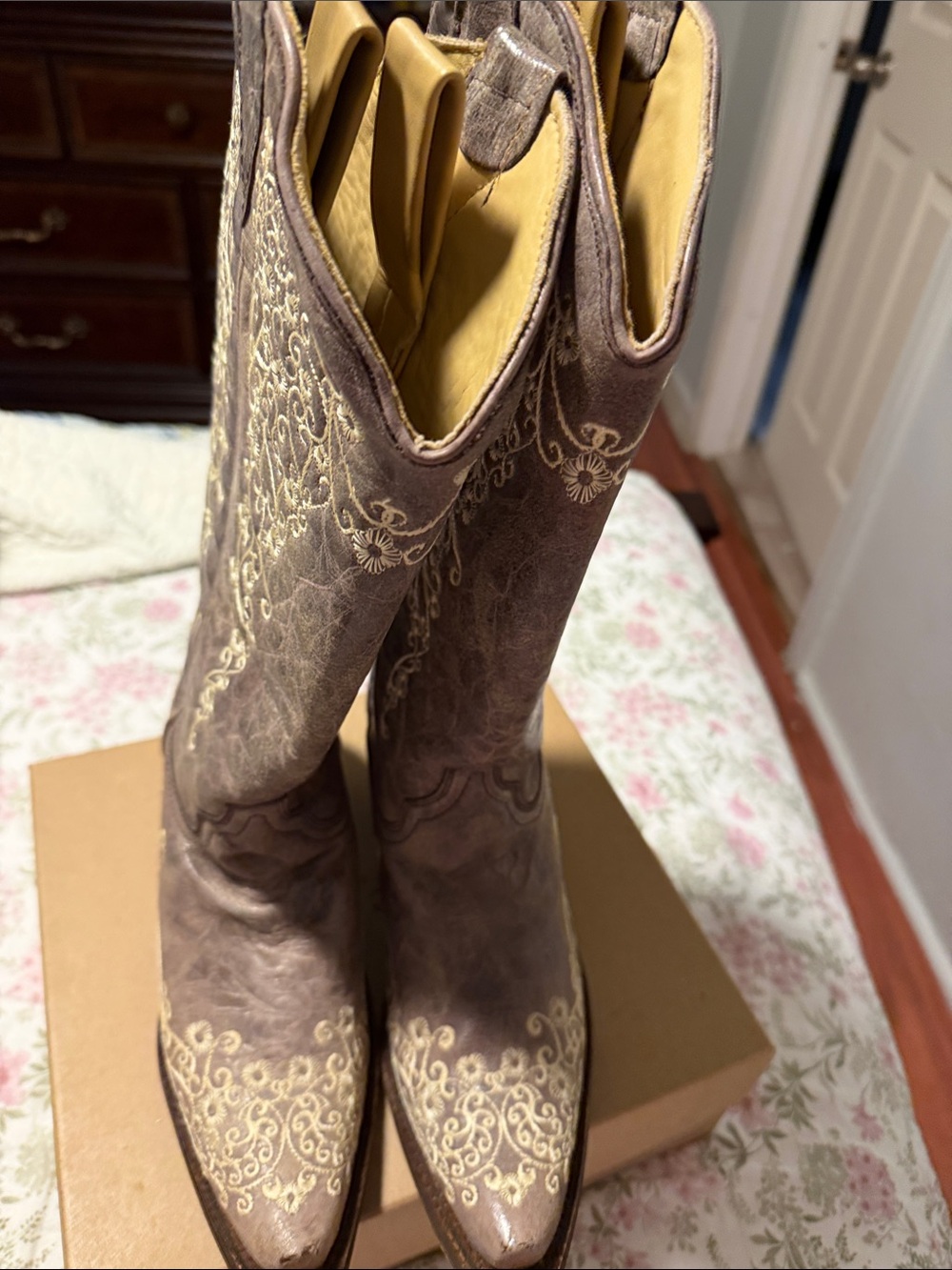 Embroidered Taupe Western Heeled Boots